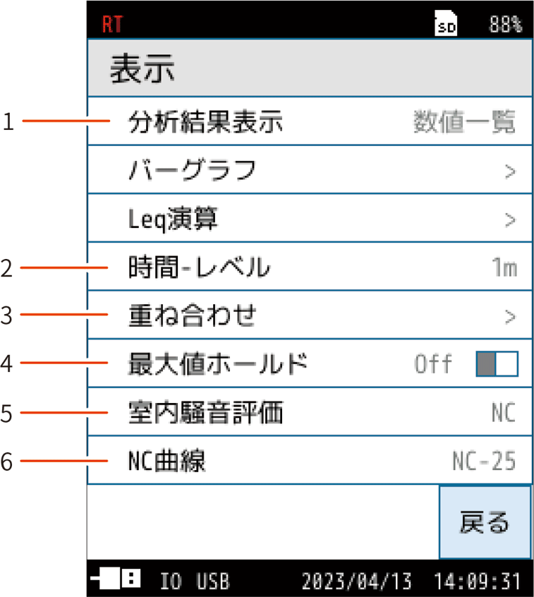 計測画面に表示する測定量などを設定する画面です。
