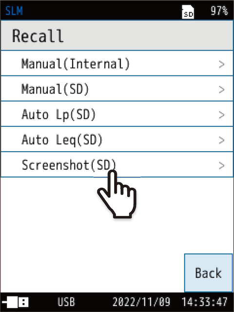 On [Recall] screen, touch [Screenshot (SD)].
