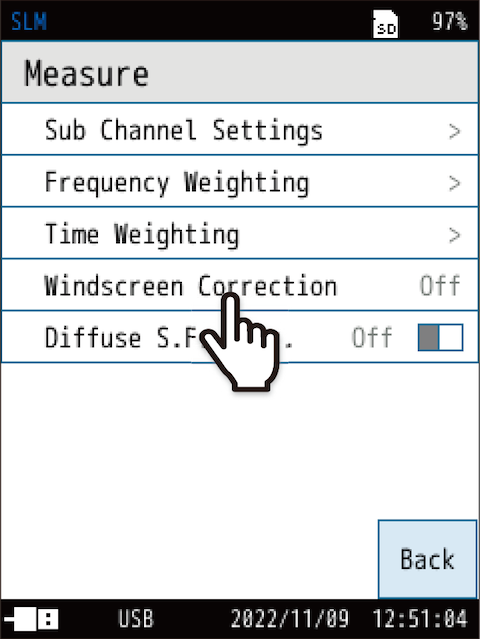 Touch [Windscreen Correction] on the [Measure] screen.