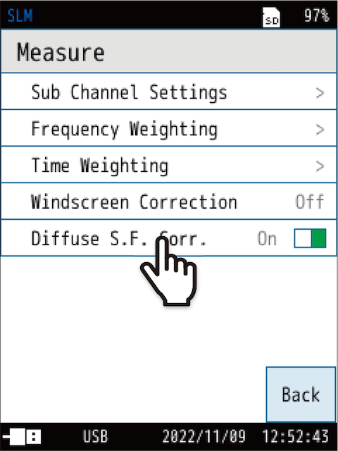 Touch [Diffuse S.F. Corr.] on the [Measure] screen.