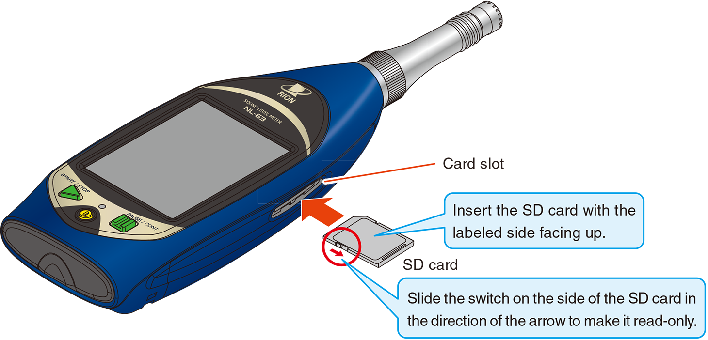 With the label on the SD card facing up, insert it into the card slot on the right side of the device until a clicking sound is made.