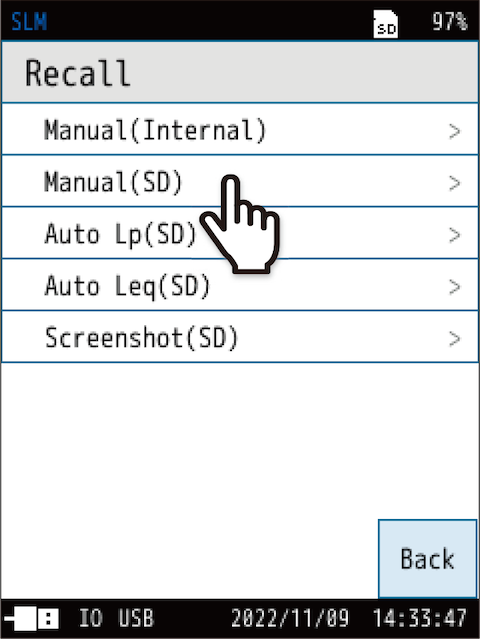 On the [Recall] screen, select the data you want to print.