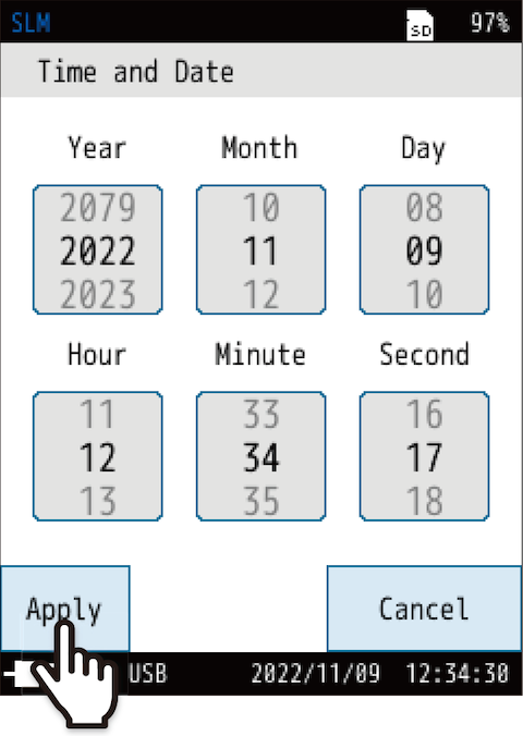 Set the year, month, day, hour, minute, and second, and touch [Apply].