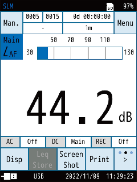 The sound level (Lp) is displayed on the screen to show the current state, the bar graph is updated every 100 ms, and the level is updated every second.