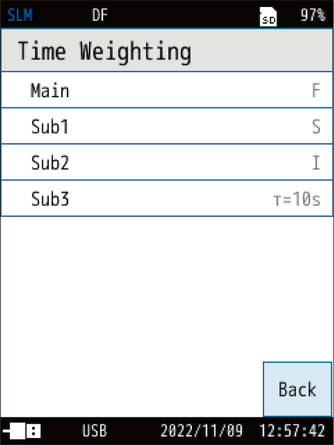 Touch the channel to use, and select the time weighting.