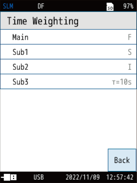 Touch the channel to use, and select the time weighting.