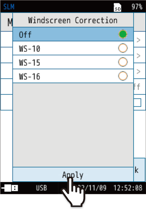 Select the windscreen to use, and touch [Apply].