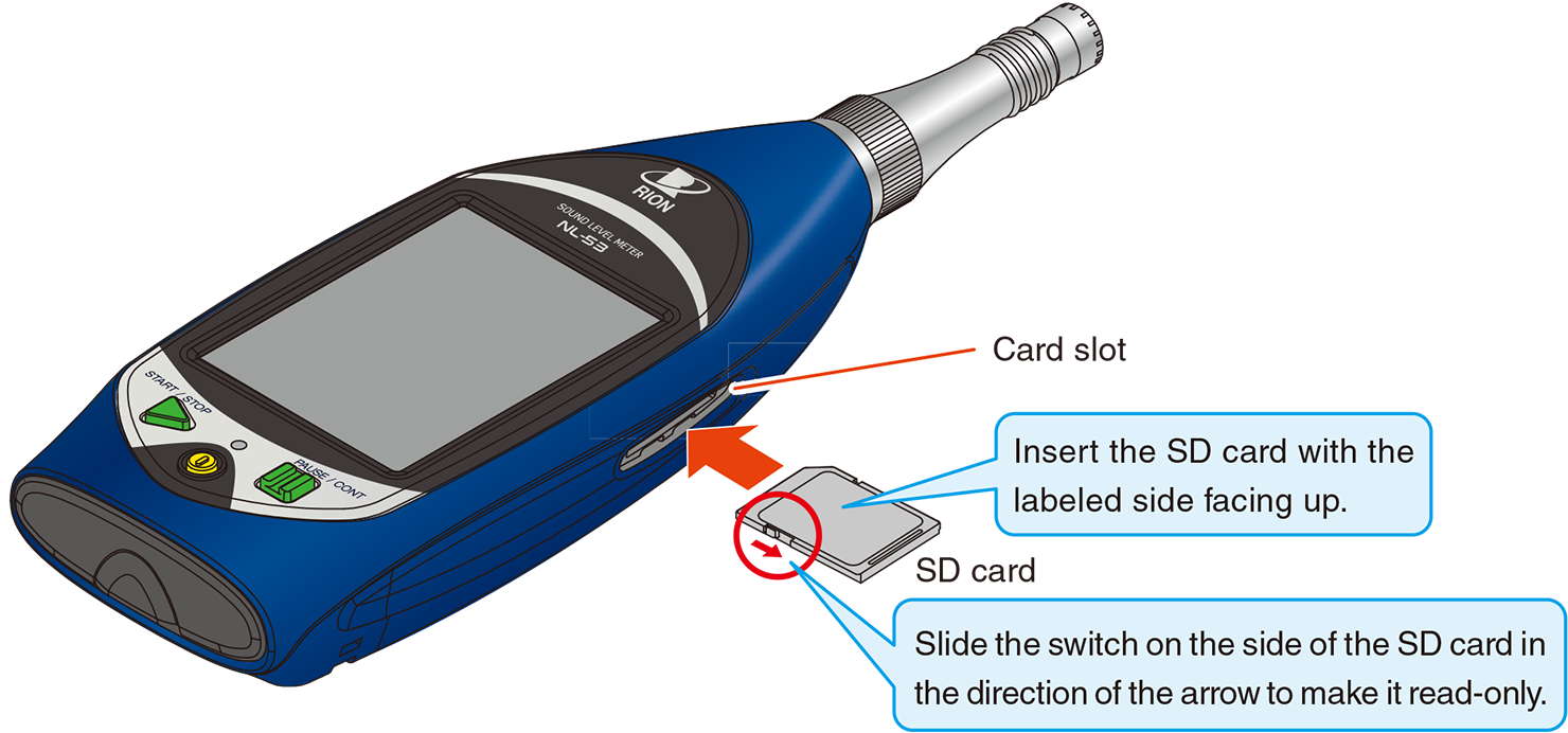 With the label on the SD card facing up, insert it into the card slot on the right side of the device until a clicking sound is made.