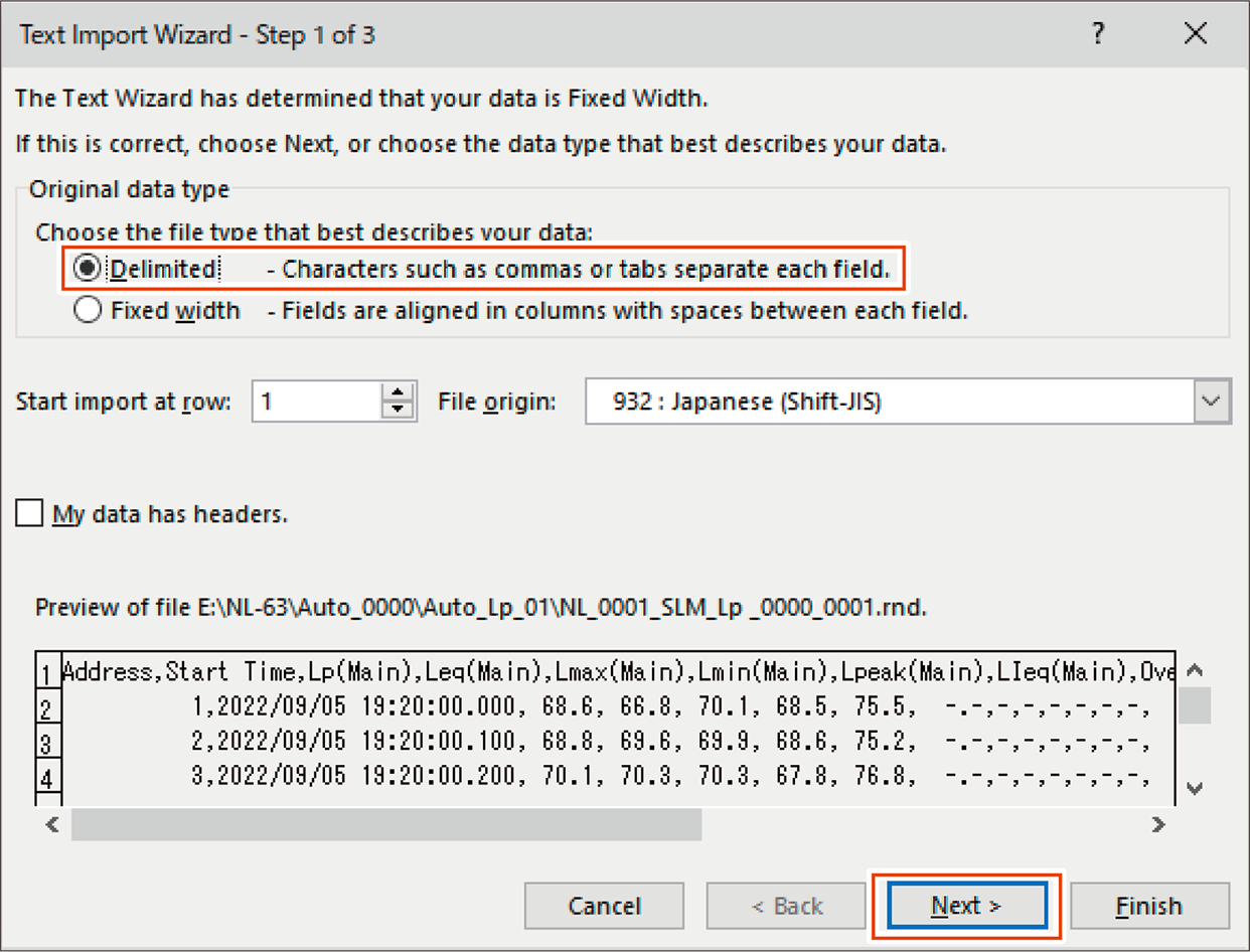 1. Select [Delimited - Characters such as commas or tabs separate each field.], and then click [Next].